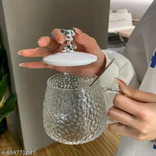 Charming Textured Glass Mug with Bear Lid – Perfect for Tea & Coffee Lovers
