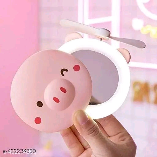 19V69 Cute Piggy Head LED Mirror Fan – Portable USB Rechargeable Makeup Pocket Fan (Random Color)