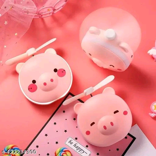 19V69 Cute Piggy Head LED Mirror Fan – Portable USB Rechargeable Makeup Pocket Fan (Random Color)