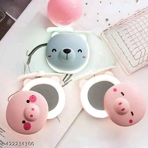 19V69 Cute Piggy Head LED Mirror Fan – Portable USB Rechargeable Makeup Pocket Fan (Random Color)